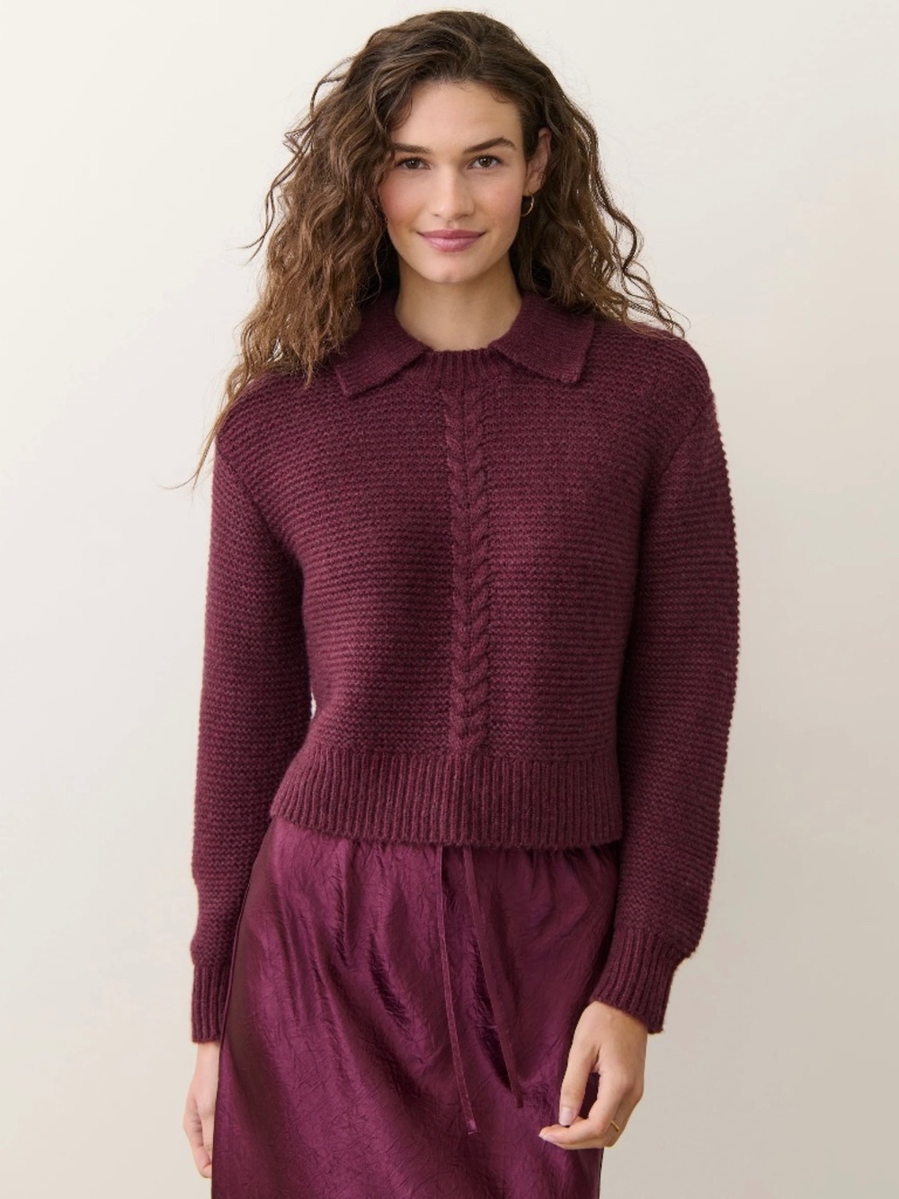 MARINE LAYER Everly Cable Knit Sweater Polo in Fig - S